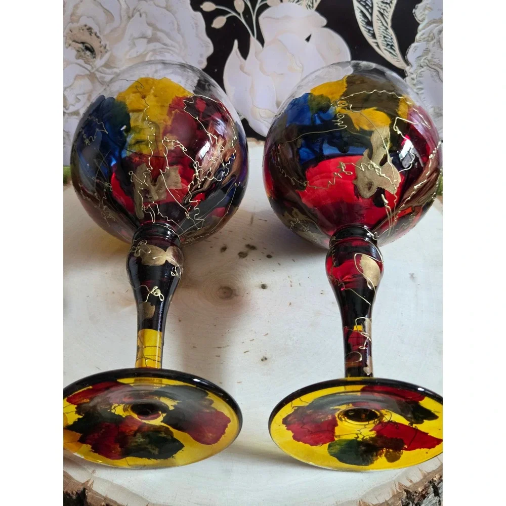 Euroglass‎ Stemware Hand Painted Abstract Wine Glasses Red Blue Yellow Gold Pair